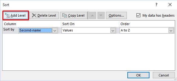 Excel 2016 Advanced Page 103 Click on the Add Level button. A second sort level will now be displayed as illustrated.