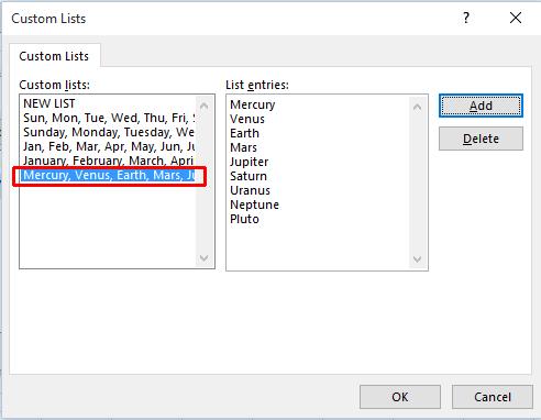 Excel 2016 Advanced Page 113 Click on the Add button. You will now see the new list displayed within the Custom lists section of the dialog box.