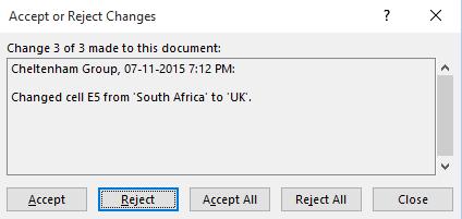 Excel 2016 Advanced Page 155 Click on the Reject button to reject this change.