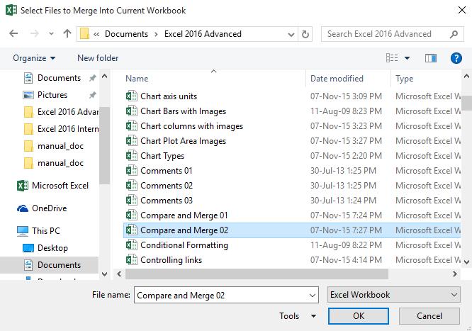 Excel 2016 Advanced Page 163 Within the Quick Access Toolbar, click on the Compare and Merge Workbooks icon.