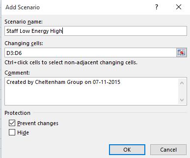 Excel 2016 Advanced Page 170 Next we will add a second scenario where staff cost increases are low, but energy cost increases are high.