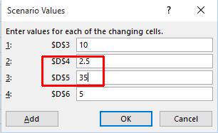 Click on the OK button, and change the two cells in the Scenario Values dialog box as illustrated. I.e. in the $D$4 text box enter 2.5 I.e. in the $D$5 text box enter 35.