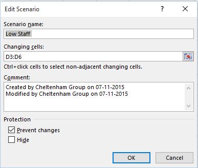 Excel 2016 Advanced Page 174 This will display the Edit Scenario dialog box.