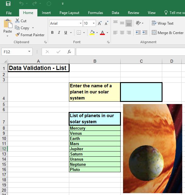Excel 2016 Advanced Page 190 Click on cell C4. Click on the Data tab and within the Data Tools group click on the upper part of the Data Validation button. This will display the Validation dialog box.