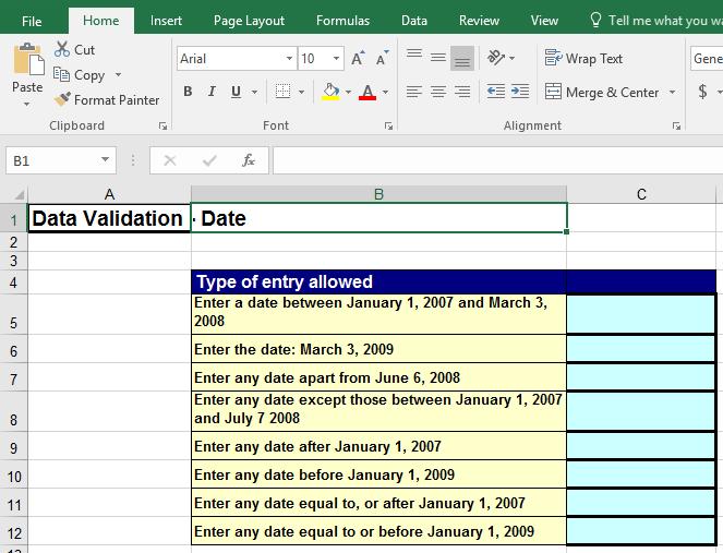 Excel 2016 Advanced Page 193 Data validation - Date Open a workbook called Data Validation - Date.