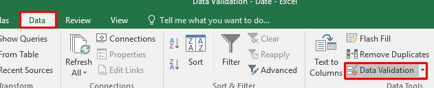 Click on the Data tab and within the Data Tools group click on the upper part of the Data Validation button.