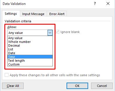 Excel 2016 Advanced Page 198 This will display the Validation dialog box. Make sure that the Settings tab is selected. Click on the down arrow within the Allow section of the dialog box.