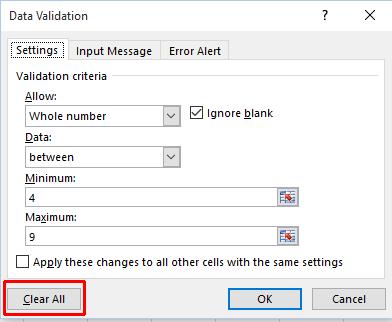 Excel 2016 Advanced Page 208 Click on the OK button to close the dialog box. Click on cell C2 and enter a number that is less than 4 or greater than 9.