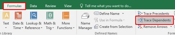 Excel 2016 Advanced Page 212 Click on the Trace Dependents button, contained within