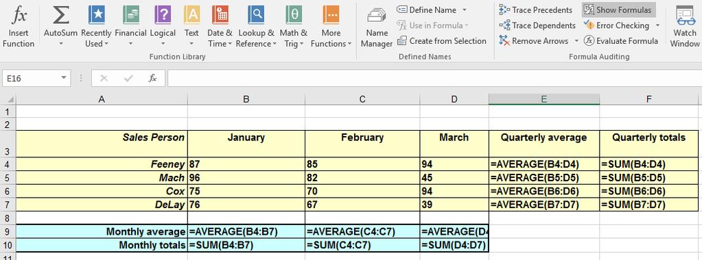 Excel 2016 Advanced Page 216 Before proceeding, re-click on the Show Formulas button to reset the display