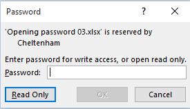 Removing a 'modify' password from a workbook Open a workbook called Opening password 03. This workbook has been protected with a 'modify' password.