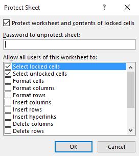 Excel 2016 Advanced Page 249 This will display the Protect Sheet dialog box. Click on the OK button to close the dialog box.