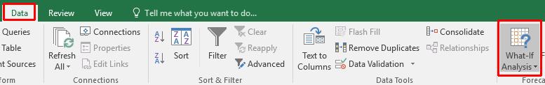 Excel 2016 Advanced Page 32 Click on the Data tab and within the Data Tools group click on the What-If Analysis button.
