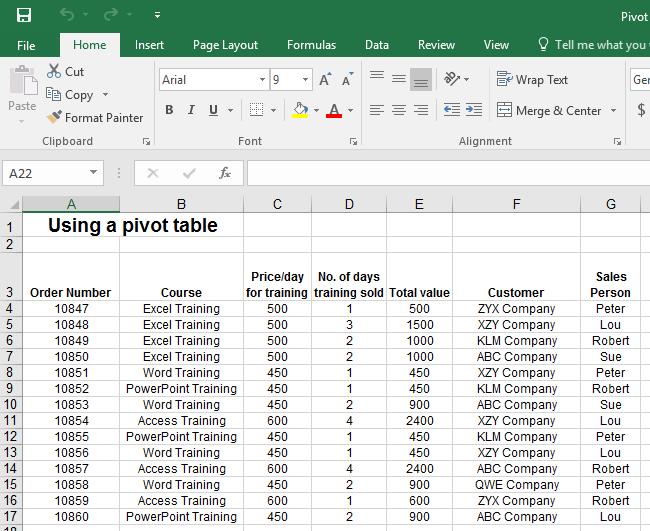 Excel 2016 Advanced Page 7 Excel 2016 Pivot Tables Creating and using a pivot table Open a workbook called
