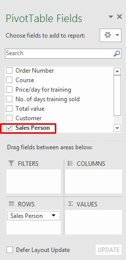 Excel 2016 Advanced Page 9 The Pivot Table Field List will be displayed to the right of the screen.