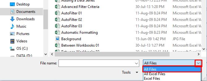 Click on the down arrow next to the File name section and select All Files.
