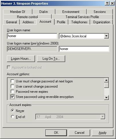 Setting Up a RADIUS Server 303 e The password for the user must be set to be stored in reversible encryption. Right-click the user account and select Properties.