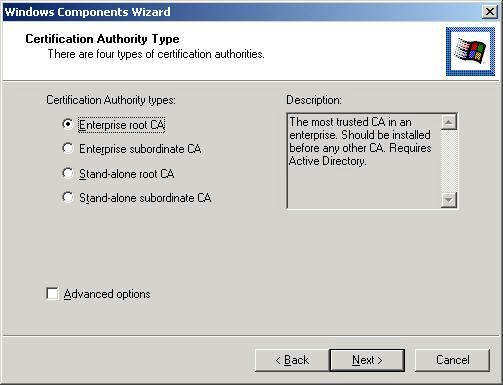 304 APPENDIX B: RADIUS SERVER AND RADIUS CLIENT SETUP In the Certificate Authority Type window select Enterprise