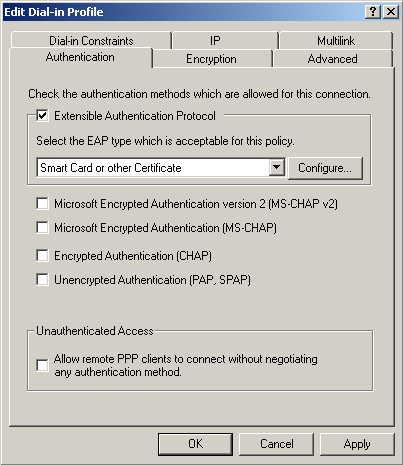 308 APPENDIX B: RADIUS SERVER AND RADIUS CLIENT SETUP h i Select Grant remote access permission, and select Next Click on Edit Profile... and select the Authentication tab.