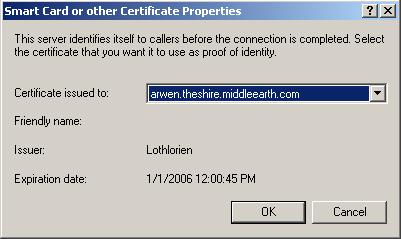 j k Click the Configure button next to the EAP type selector. Select the appropriate certificate and click OK. There should be at least one certificate.