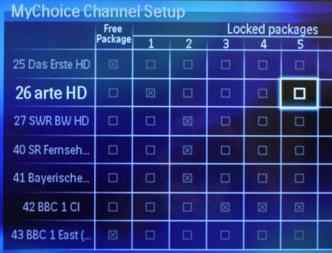 In this case the channel 26 Arte HD is assigned to locked package 1 which means that the channel will be visible only after a MyChoice pin code for package 1 was entered.