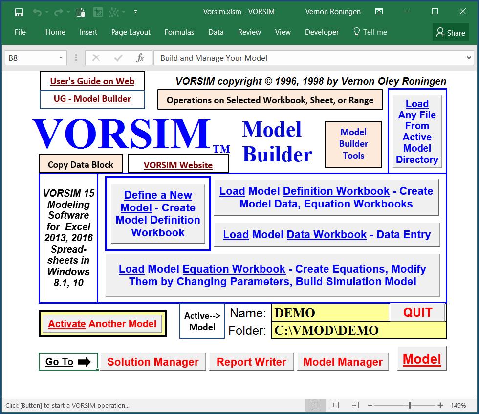 A model is built by VORSIM from this Model Builder control screen that loads when the VORSIM desktop icon is clicked. One starts by defining a new model and creating a model definition workbook.