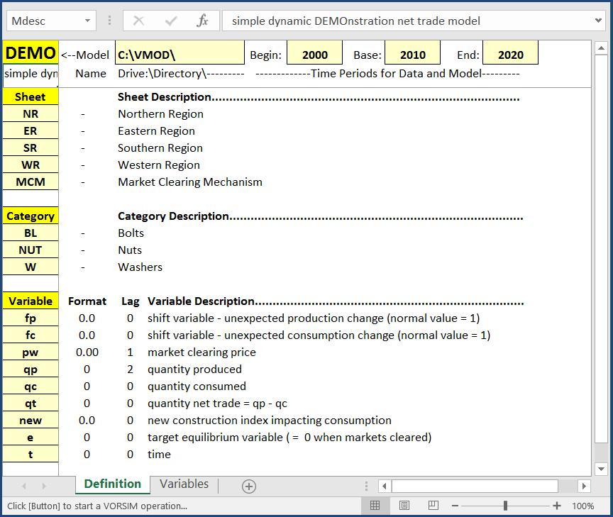 Here is the Definition sheet of the model definition workbook that was created. Descriptions have been manually added to the codes. Excel format codes are added to variable codes.