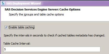 Specify the table caching interval in seconds and the jgroups options.