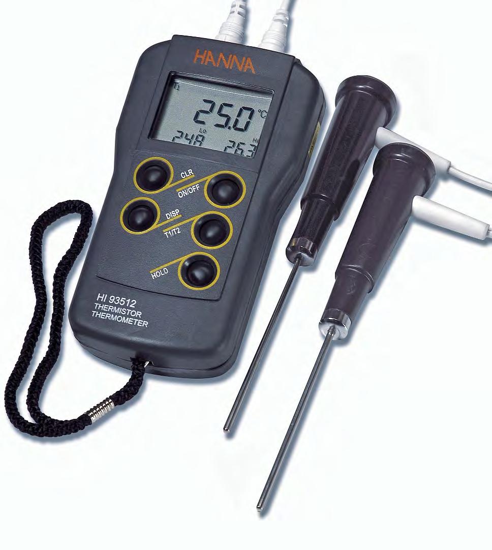 HI 93512 HI 93522 Thermistor Thermometers Waterproof with 2-Channels 11 Monitor 2 Samples at the Same Time HI 93512 is a waterproof two-channel thermometer, ideal for monitoring two samples at once.
