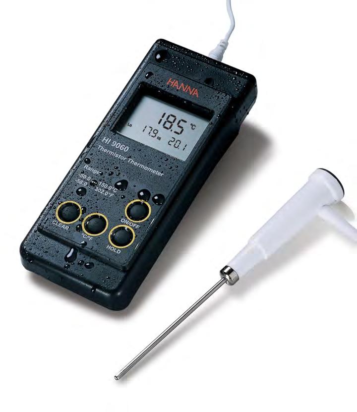 HI 9060 Thermistor Thermometer Waterproof and Rugged 11 Ideal for Wet and Humid Environments The waterproof HI 9060 thermistor thermometer is ideal for use in wet and humid environments.