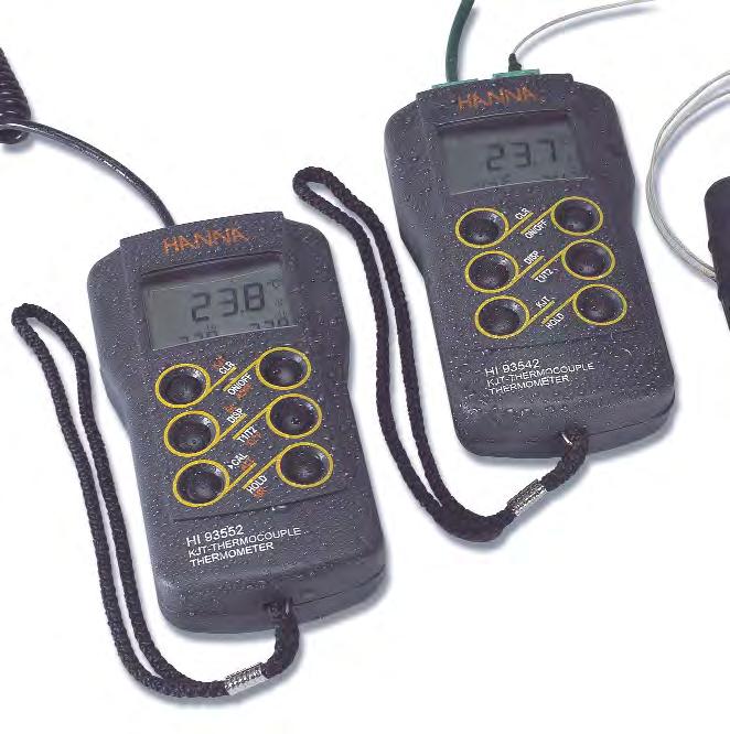 11 HI 93542 HI 93552 HI 93552R K, J, T-Type Thermocouple Thermometers Dual-Channel, Waterproof SPECIFICATIONS HI 93542 HI 93552 HI 93552R Range K -200.0 to 999.9 C and 1000 to 1371 C; -328.0 to 999.9 F and 1000 to 2500 F J -200.