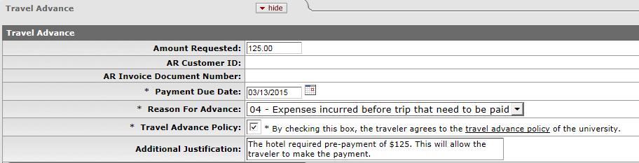 Once you click show you will input the information required. Make sure to enter the Payment Due date 10 days PRIOR to the travel day.