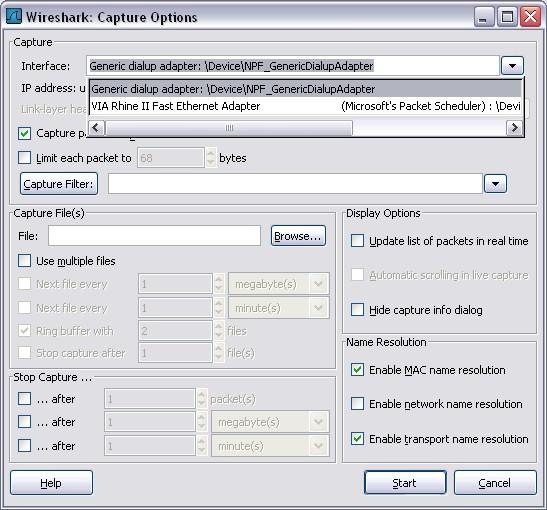 Ensure that Wireshark is set to monitor the correct interface. From the Interface drop-down list, select the network adapter in use.