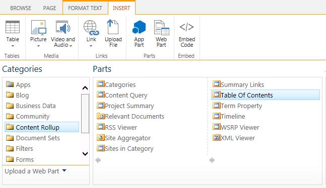 Insert an App Part The App Parts that you create, such as task list, calendar, document library all exist within SharePoint and you can access them by creating links in the Quick Launch Bar (left of