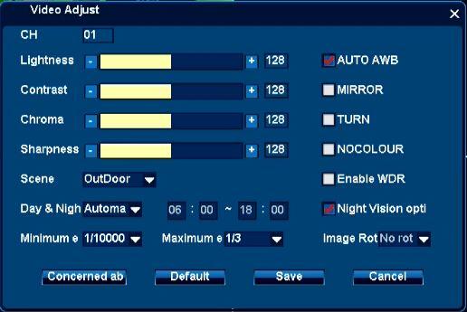 Please click direction arrows to adjust PTZ position. There are 4 direction arrows. Click + and - to adjust zoom, focus and iris. 4.5 Video Adjust Right click menu/main menu- Video Adjust, video adjust interface appears, shown as below: 1.