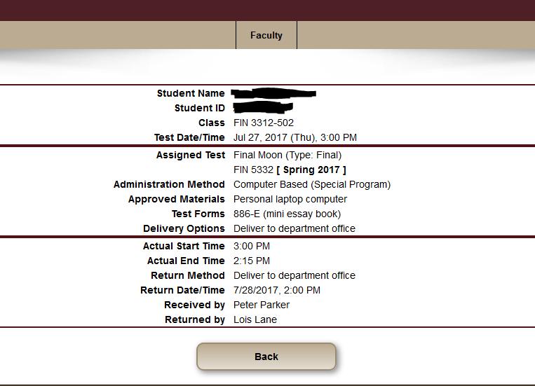 2.) Clicking on the Summary button will pull up information about the assessment. This section displays information about the student, course, and assessment date/time.