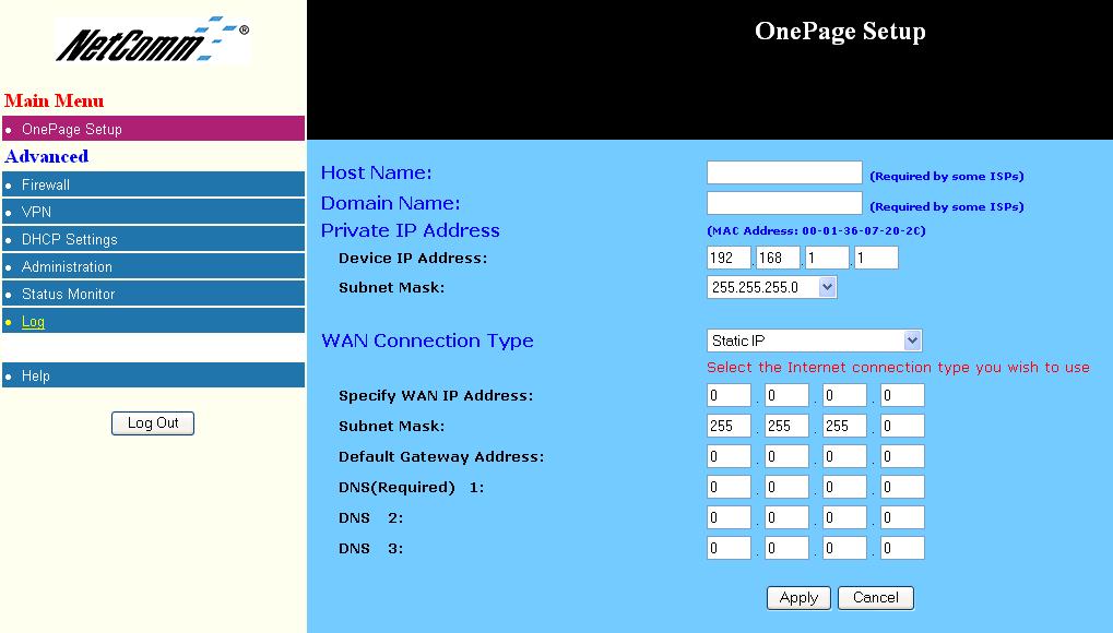 6. In the Onepage setup screen, click the down arrow of the WAN connection type box and choose Static IP.