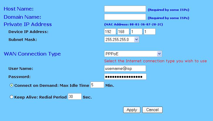 6. In the Onepage setup screen, click the down arrow of the WAN connection type box and choose PPPoE. 7.