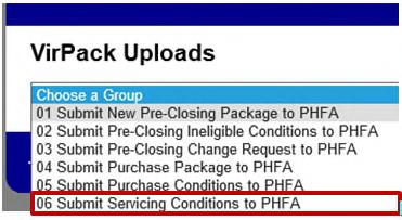 Select Submit Servicing Conditions to PHFA from