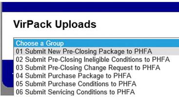 Submitting a New Pre-Closing Package Select the VirPack menu option from the Home dropdown