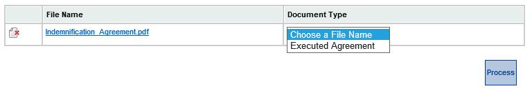 Select the proper Document Type for the uploaded file Select Process to submit the documents to VirPack *If you upload a