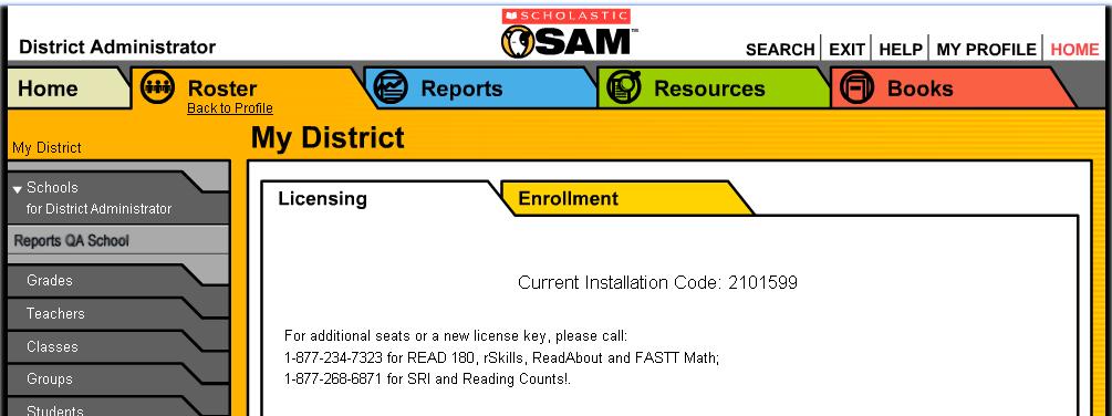 2. On the Roster Tab, click the Manage Licenses link under Advanced Settings in the lower right corner to open the Licensing screen, shown above. This screen displays the Installation Code. 3.