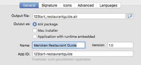 4 Examine the settings on the General tab. The Output File field shows the filename of the published AIR installer as 12Start_restaurantguide.air.