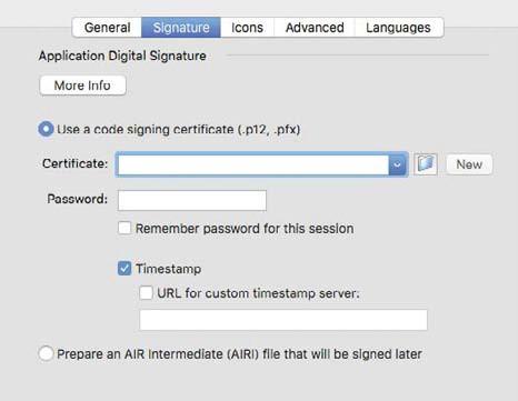 7 Click the Signature tab at the top of the AIR Settings dialog box. Creating an AIR application requires a certificate so that users can identify and trust the developer of the Animate content.