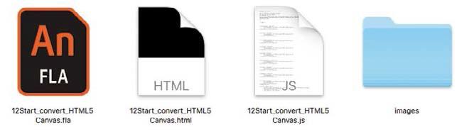 2 Double-click the HTML file, named 12Start_convert_HTML5 Canvas.html. Your default browser opens and plays the animation. Understanding the exported files This animated sequence uses bitmap images.