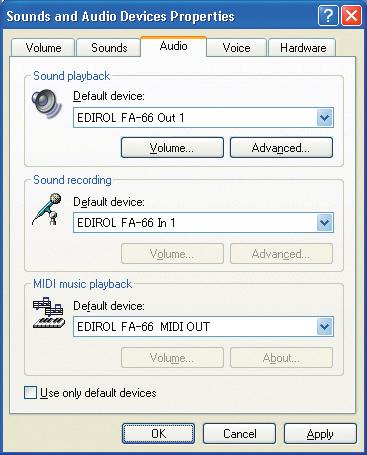 Installing the driver (Windows) Input/output device settings If you will be using the Windows Media Player application with the FA-66, specify the input/output devices as follows.