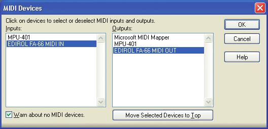Software settings fig.sonar-5.eps 11. Click [OK] to close the Audio Options dialog box. 12. From SONAR s Options menu, choose MIDI Devices to open the MIDI Devices dialog box. 13.