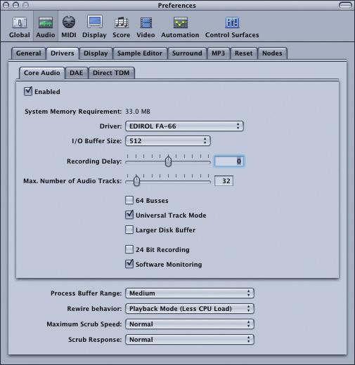 Software settings Logic fig.logic.eps Here is an example using Logic Pro 7.0.1. 1. Power up the FA-66, and then start up Logic. 2.