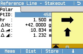 6.5.5 Stakeout The stakeout subprogram calculates the difference between a measured point and the calculated point. The orthogonal ( L, O, H) and polar ( Hz,, ) differences are displayed.
