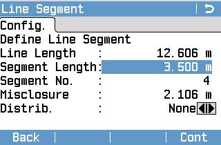 6.5.7 Line Segmentation The line segmentation subprogram calculates and displays the stake out elements for the points along the line, orthogonal ( L, O, H) and polar ( Hz,, ).